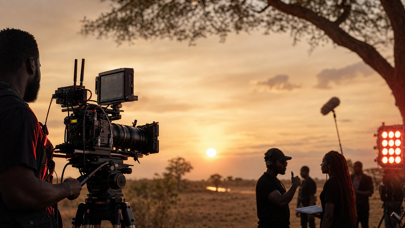 AfrikoHub documentary production crew filming at golden hour